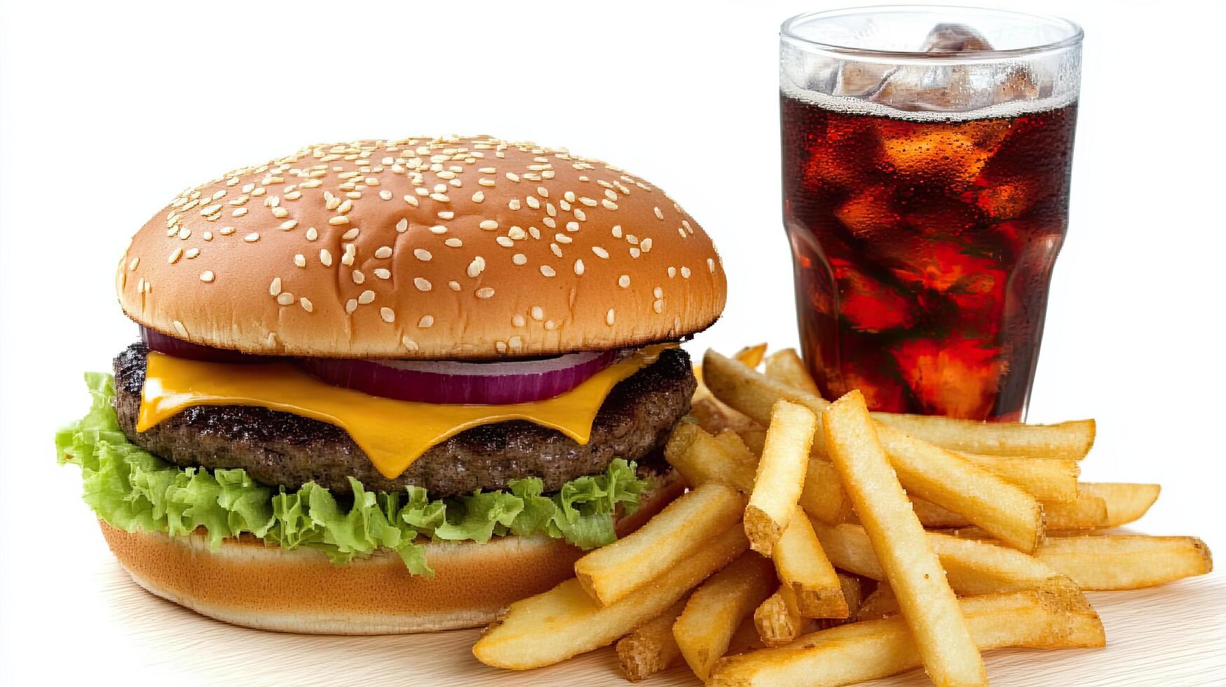A hamburger and fries with a soda photo