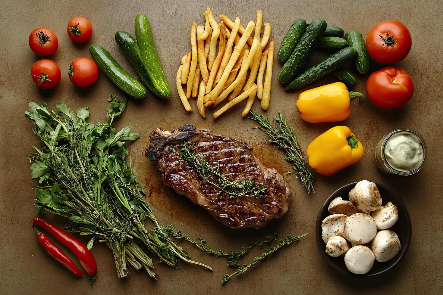 Steak, vegetables and mushrooms on a table photo