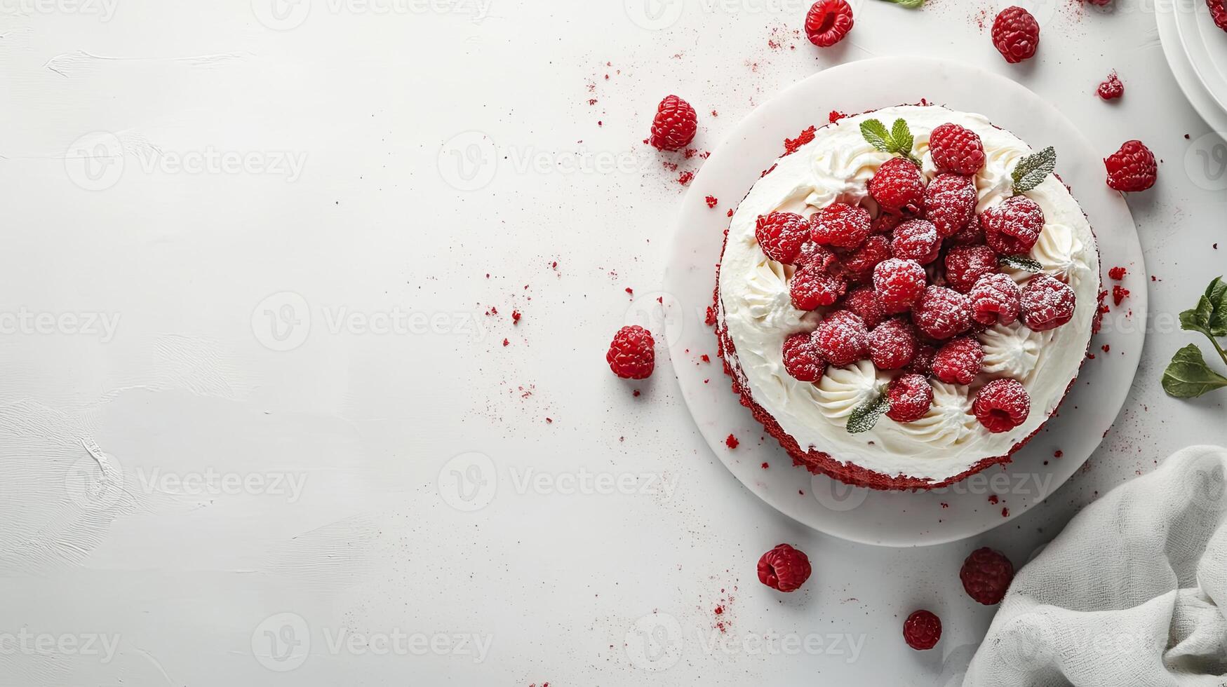 A white cake with raspberries on top photo
