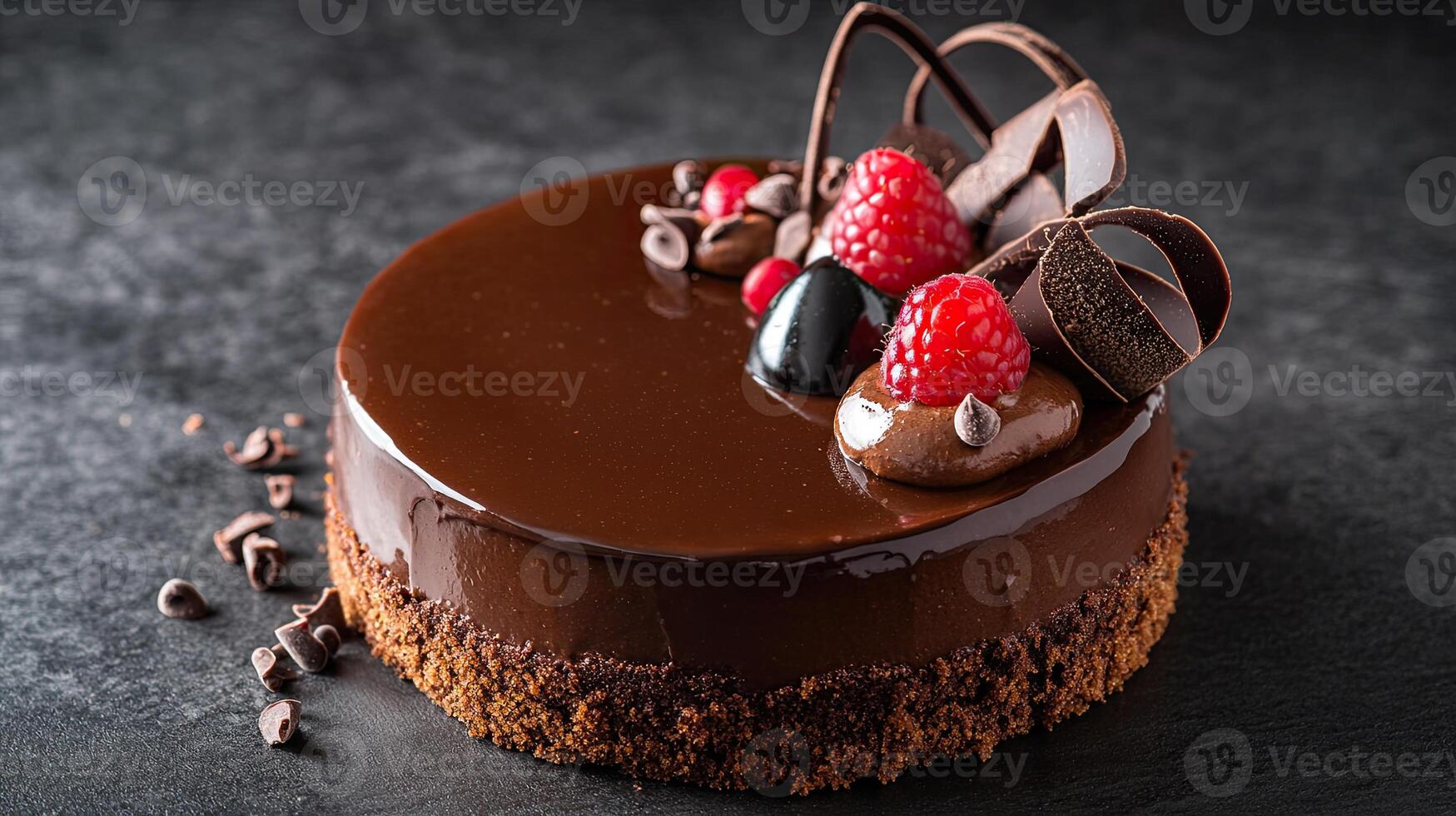 A chocolate cake with raspberries and chocolate photo