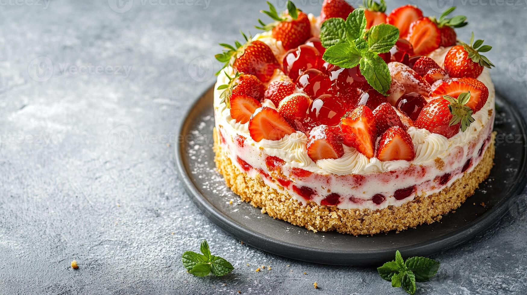 A strawberry cake with cream cheese frosting and strawberries photo