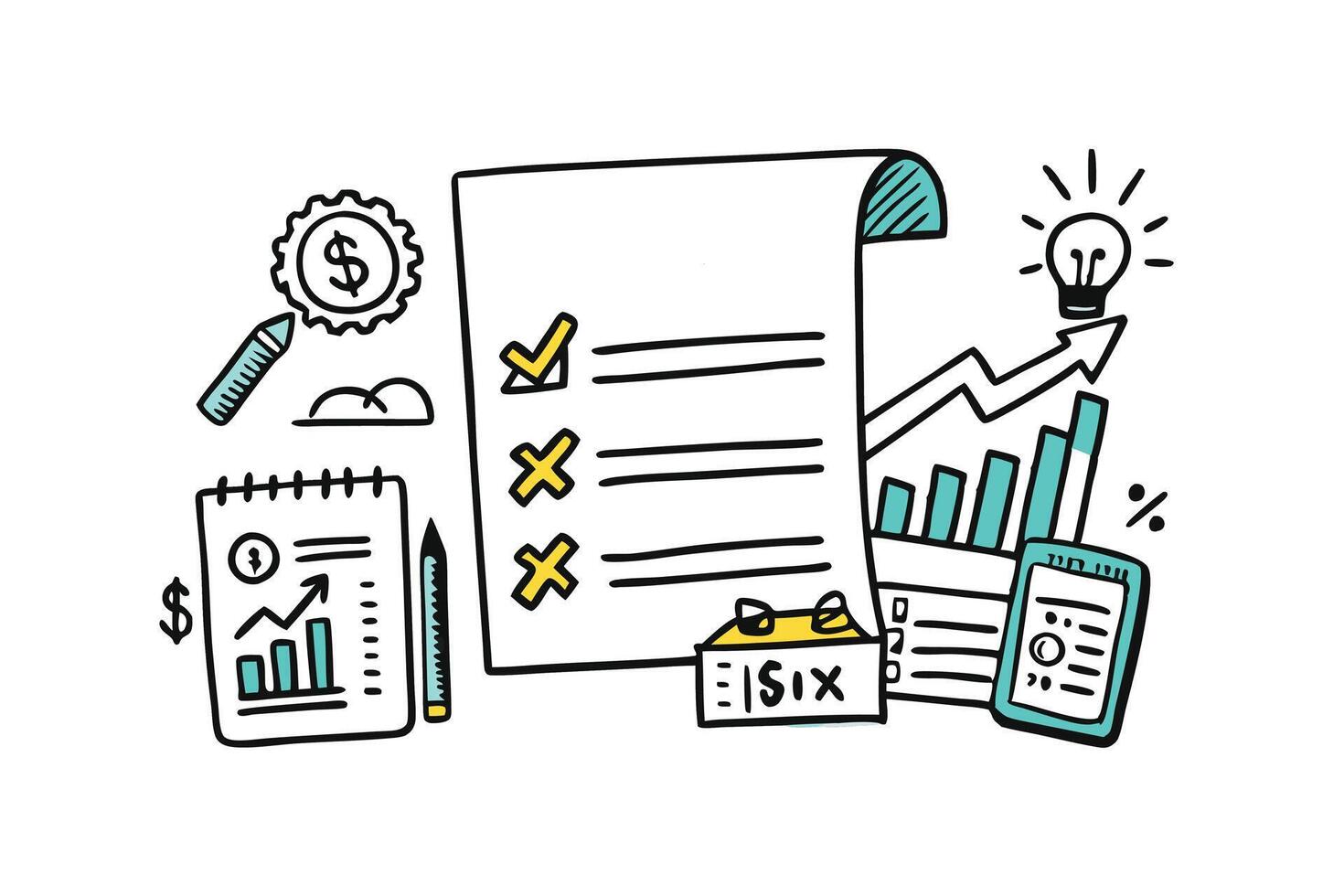 Tax and finance hand drawn illustration showcasing creative elements like graphs, calculators, and financial success icons vector