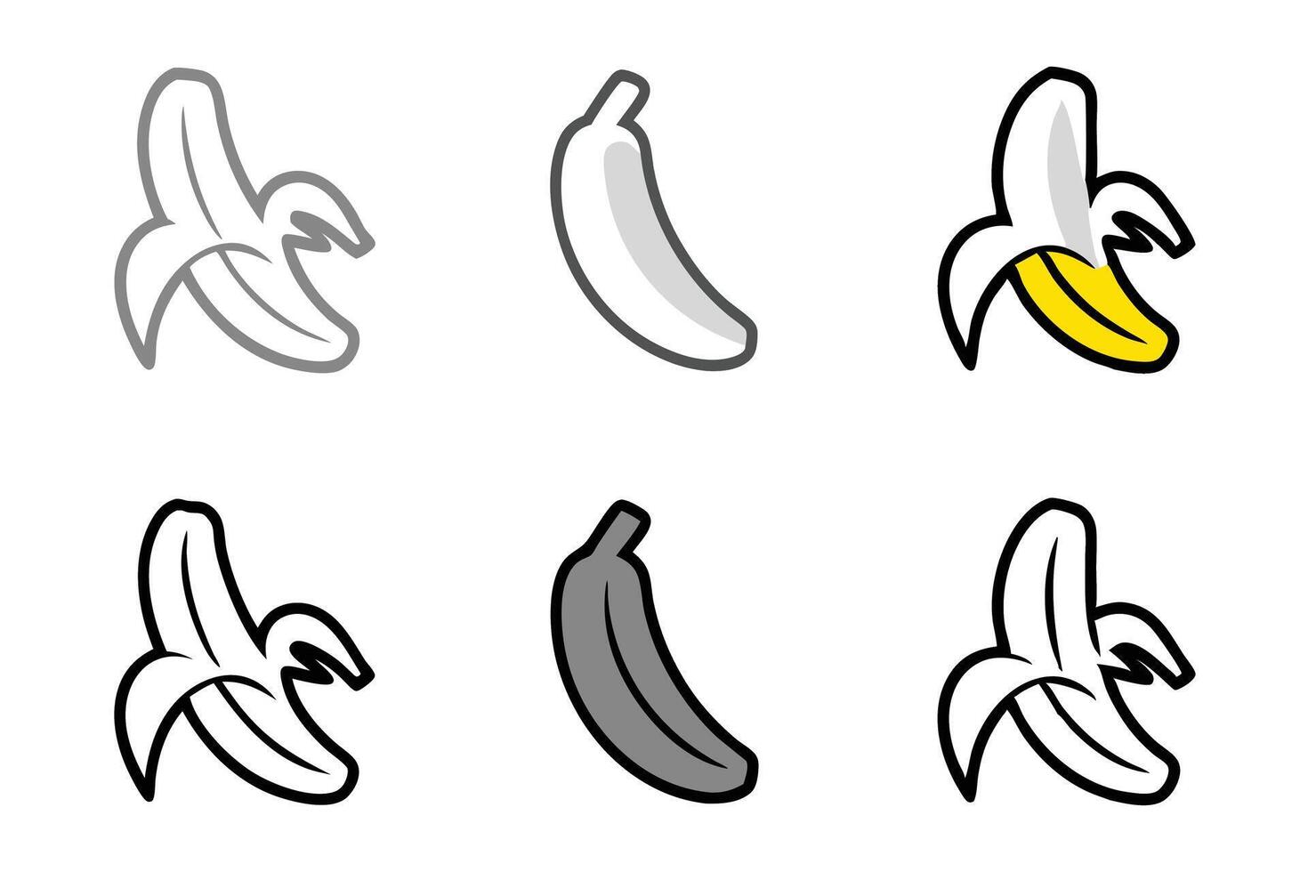 Banana icon set with peeled and whole designs, featuring simple and colorful styles, perfect for food illustrations and graphic projects vector