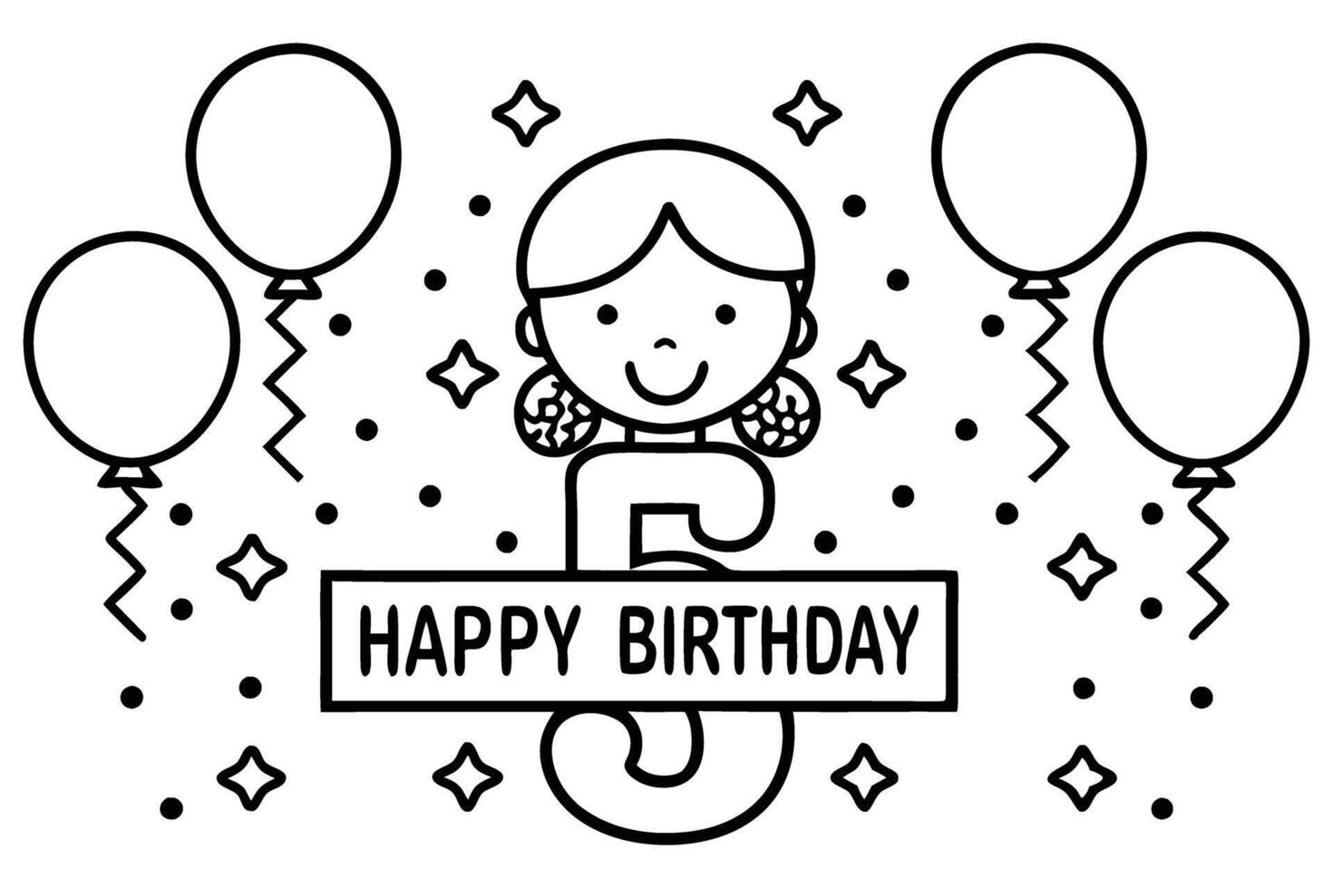 Printable happy birthday coloring sheets with fun illustrations of girls, balloons, and festive banners for kids and party decor vector