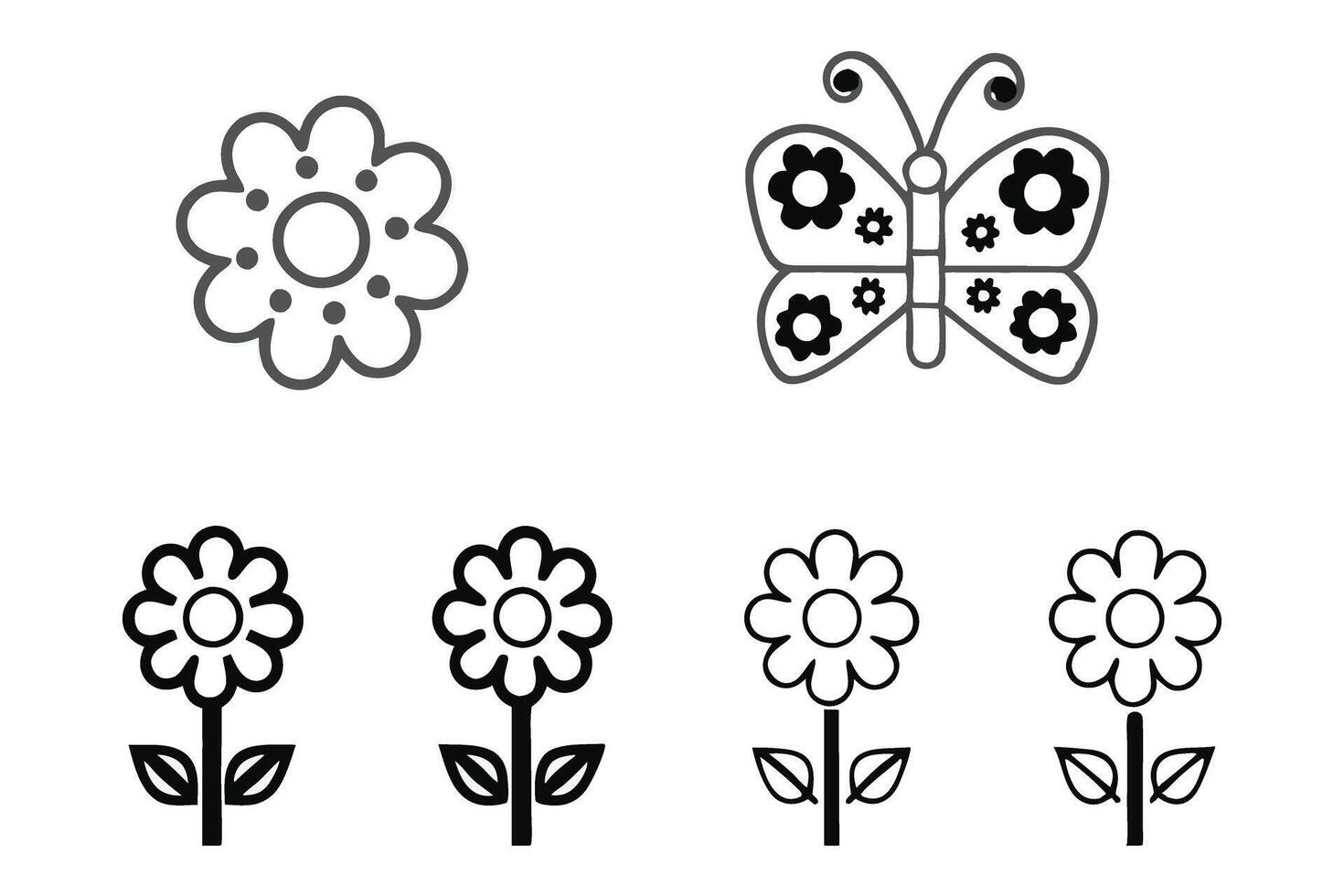 Stylish garden inspired line art icons with floral and butterfly motifs, suitable for decorative, digital, or printed materials vector