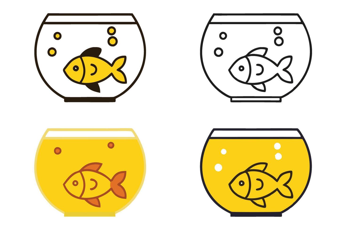 Cartoon fishbowl designs featuring playful goldfish and decorative bubbles, ideal for coloring pages and educational illustrations vector