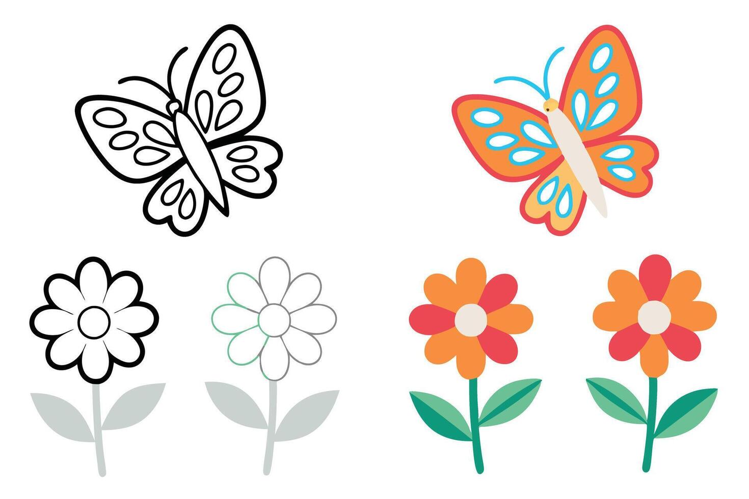 Creative butterfly and flower designs in outlined and colorful styles, ideal for art projects, logos, and printable educational resources vector