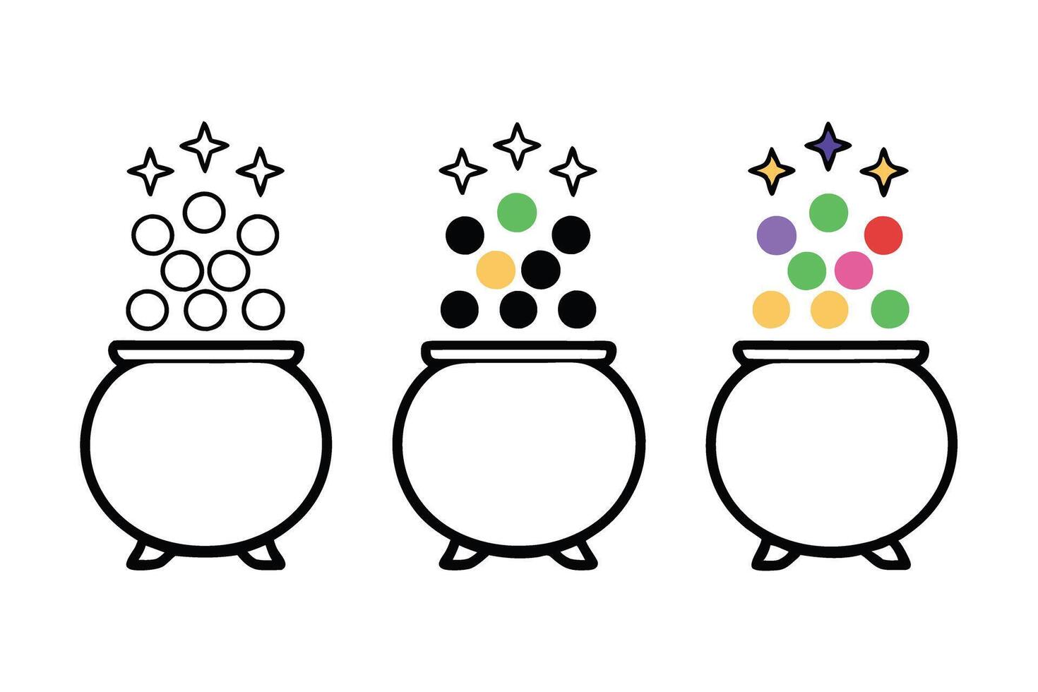 Magical cauldron line art icon set featuring whimsical designs with bubbles and stars, perfect for Halloween or fantasy art projects vector