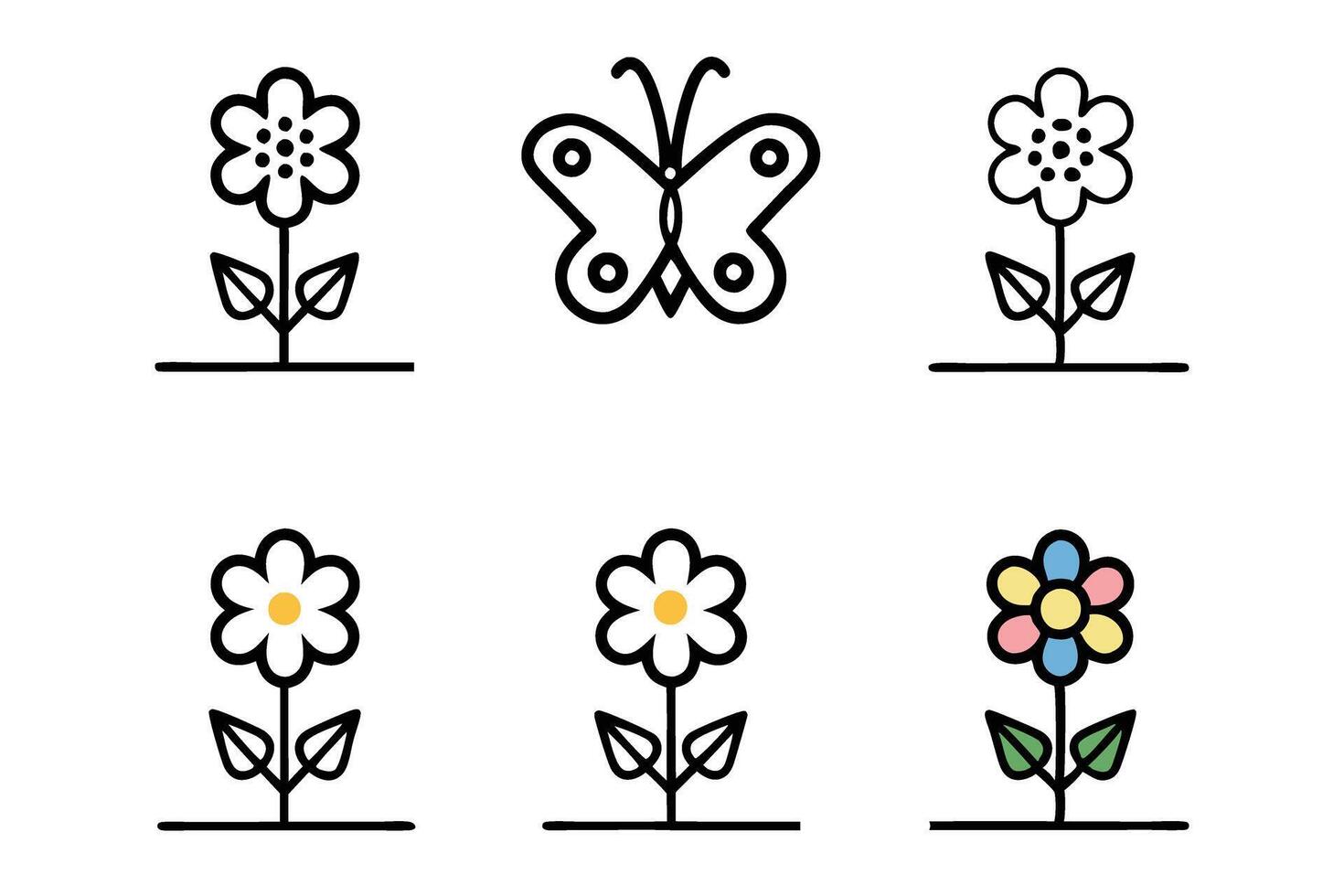 Minimalist line art icon set featuring garden flowers and butterflies, perfect for nature themed designs and creative projects vector