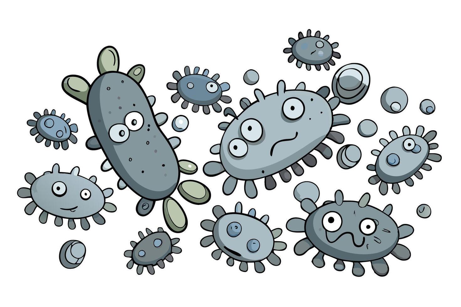 Cartoon style illustration of bacteria and germs with cute, exaggerated faces, ideal for health, microbiology, or educational designs vector
