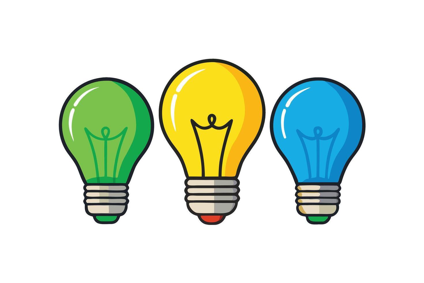 Cartoon style illustration of a trio of light bulbs in vibrant colors perfect for creative and innovative design themes vector