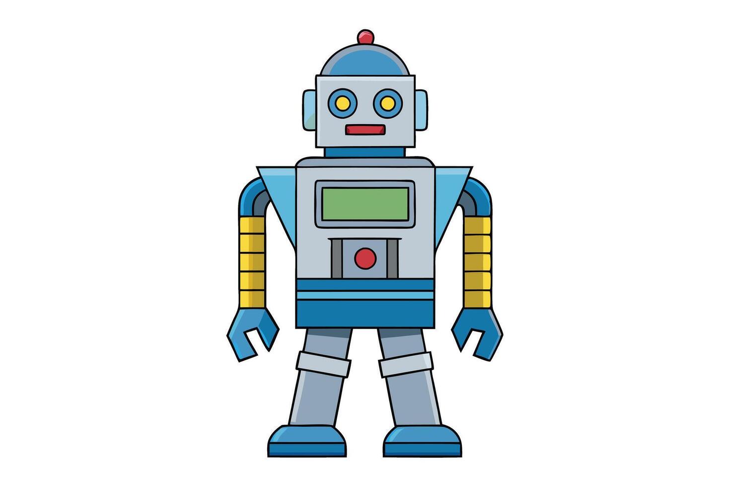 Cartoon retro robot design with futuristic features, metallic textures, and a playful expression, ideal for tech and science fiction projects vector