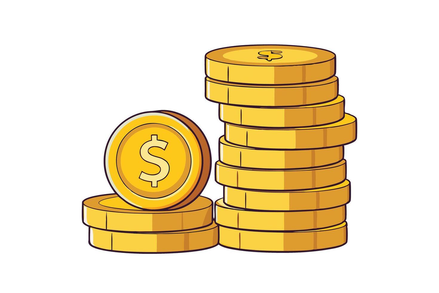Gold coins with dollar signs in a colorful cartoon design, symbolizing money, savings, and economic growth in a creative style vector