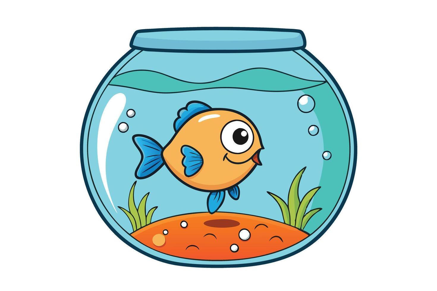Adorable orange cartoon fish inside a colorful fishbowl with water bubbles, great for educational and playful aquatic themed designs vector