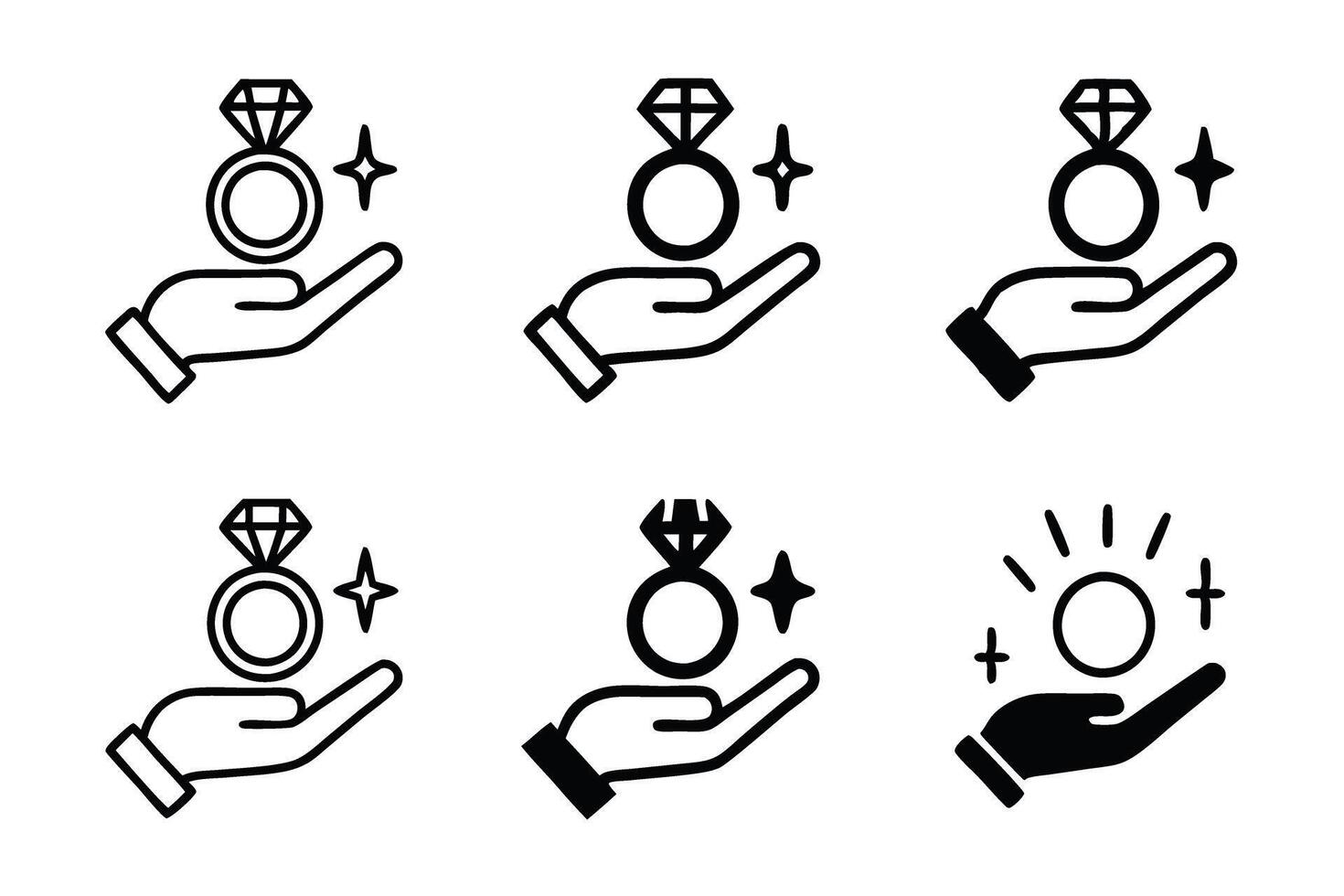 Icon set of hands showcasing engagement rings with diamonds, designed for marriage proposals, romantic gestures, and luxury branding vector