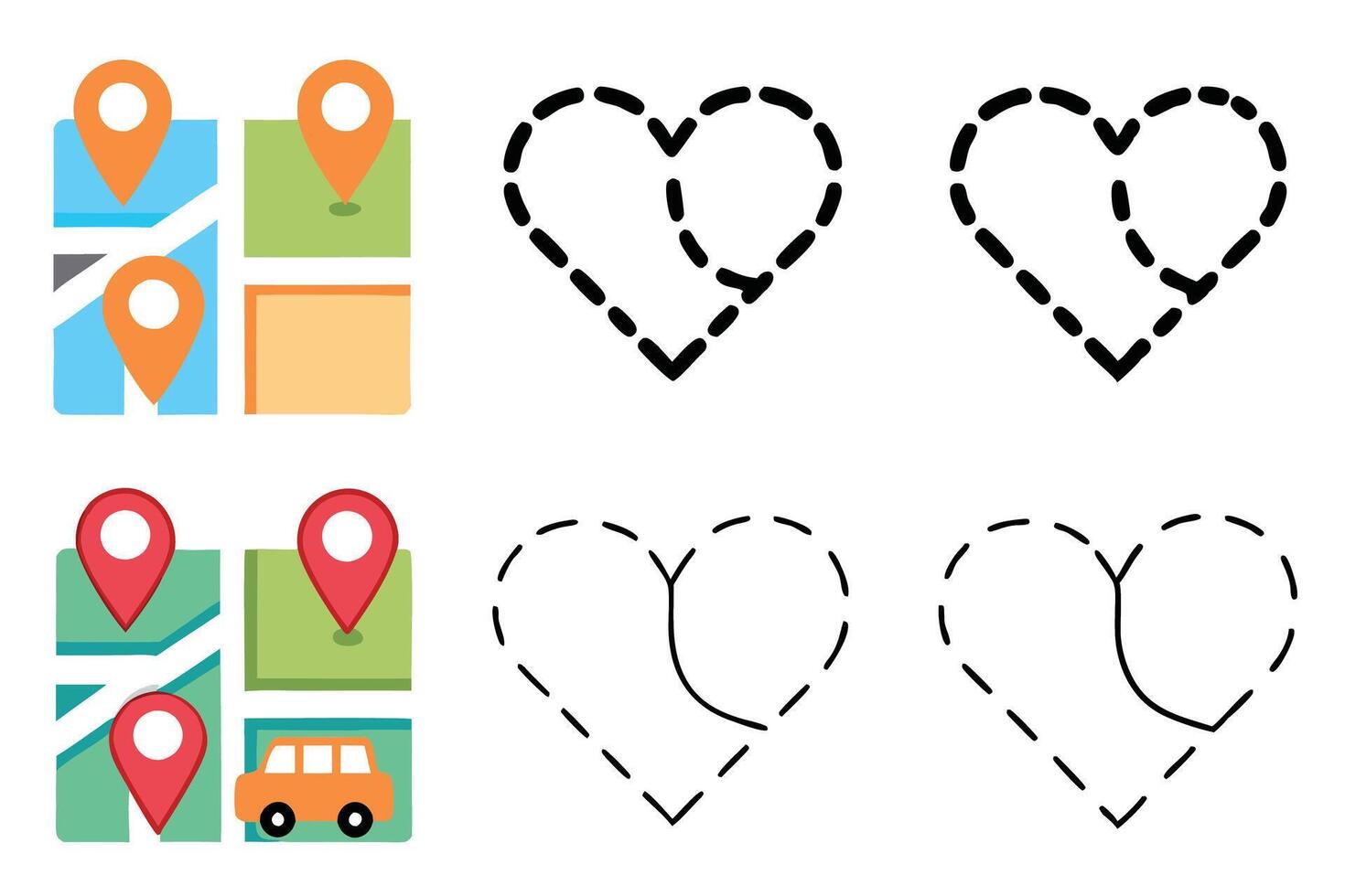 Set of dashed line art icons featuring heart shaped paths and transportation routes for navigation and love themed designs vector