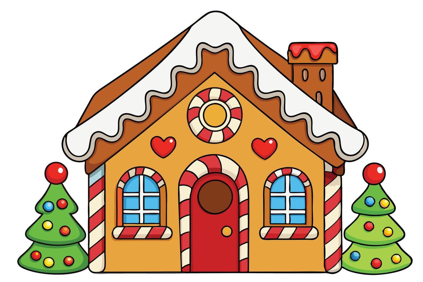 Festive gingerbread house illustration with vibrant candy elements and Christmas decorations for holiday creativity vector