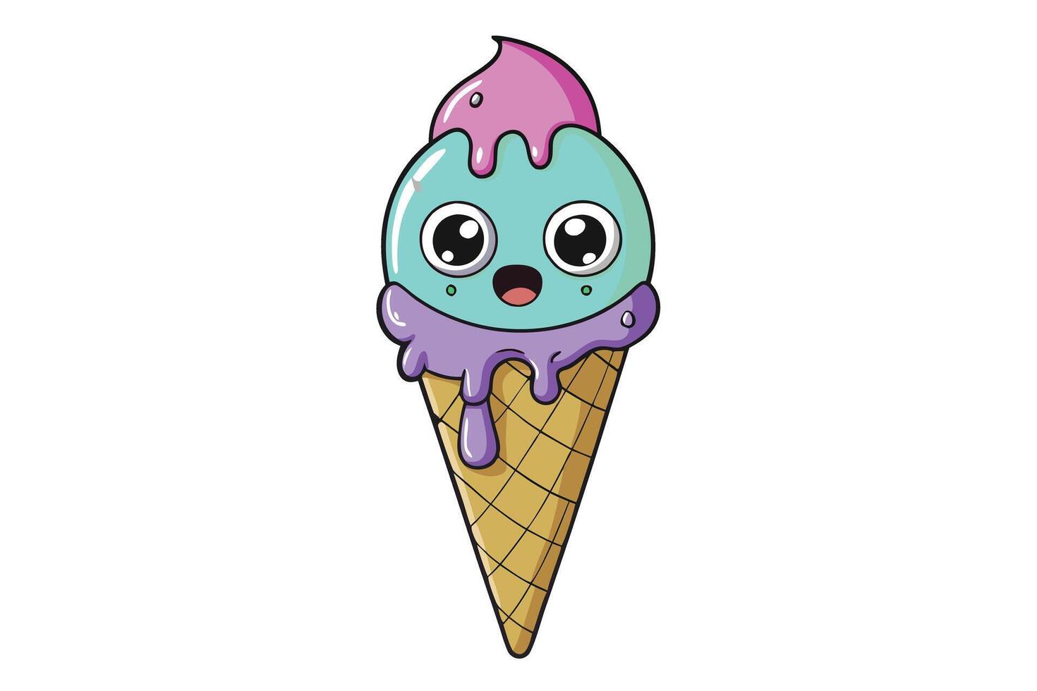 Halloween themed ice cream cone design with cute and scary expressions, dripping details, and bright pastel colors ideal for festive content vector