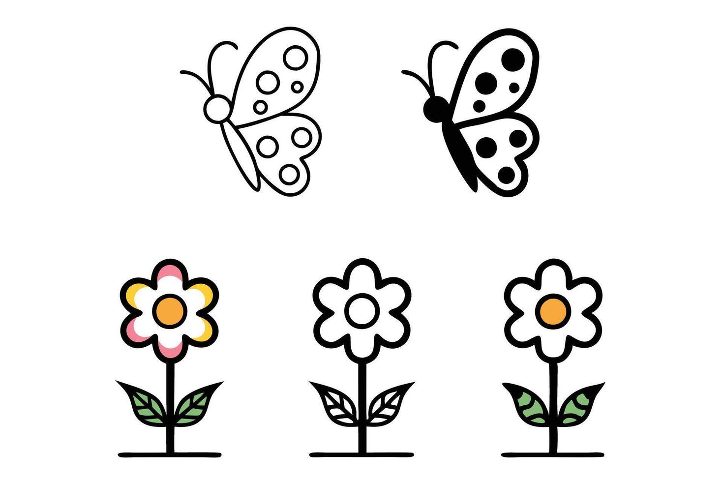 Elegant line art icons showcasing flowers and a butterfly in a simple yet striking style, ideal for decoration and branding needs vector
