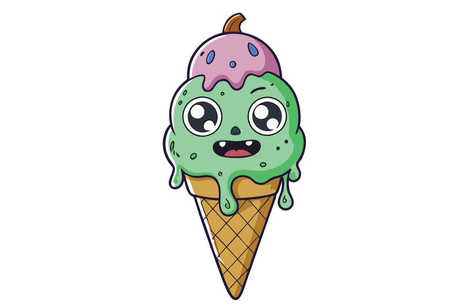 Vibrant and creepy ice cream illustration featuring a monster like face, colorful scoops, and a detailed cone for unique artistic concepts vector