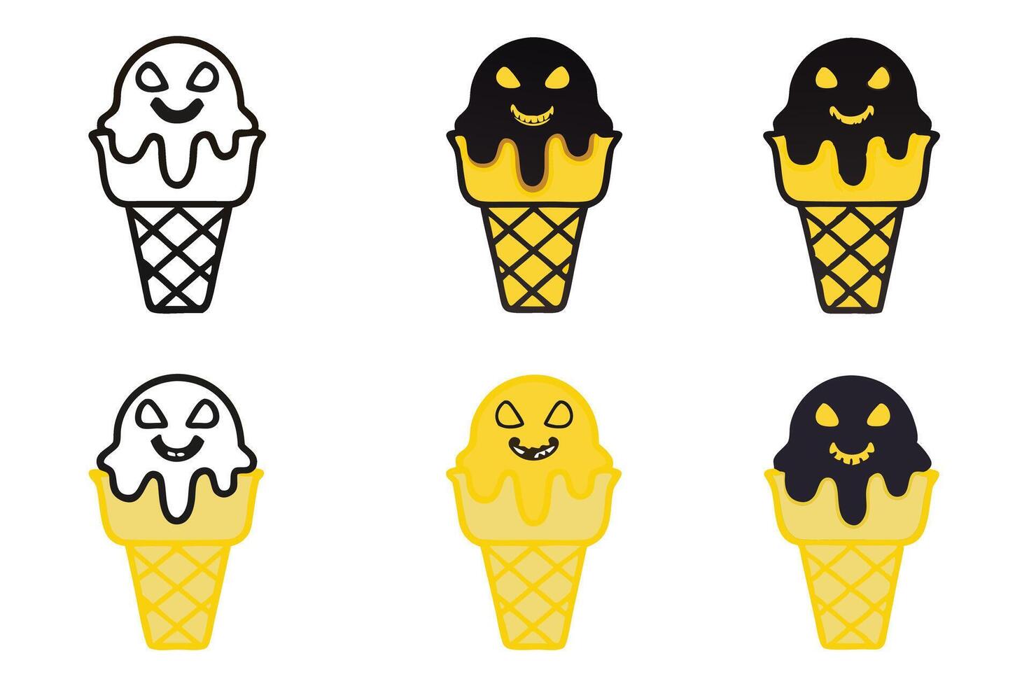 Unique Halloween themed ice cream cones with spooky faces, dripping details, and vibrant accents, perfect for seasonal creative projects vector