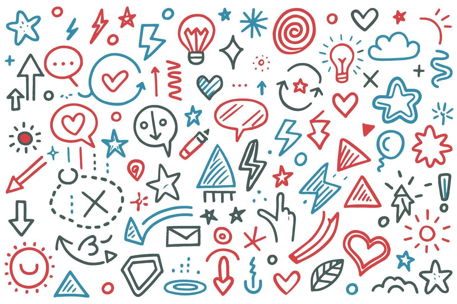 Playful collection of hand drawn doodles featuring hearts, arrows, speech bubbles, stars, and abstract elements for design projects vector