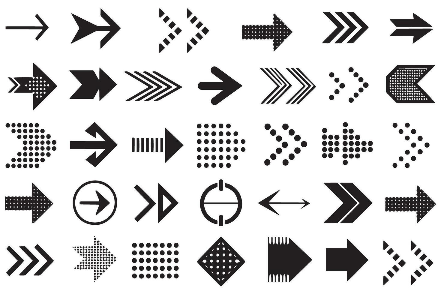 Minimalist black arrow icon set featuring varied designs for direction, movement, and navigation concepts in professional visuals vector