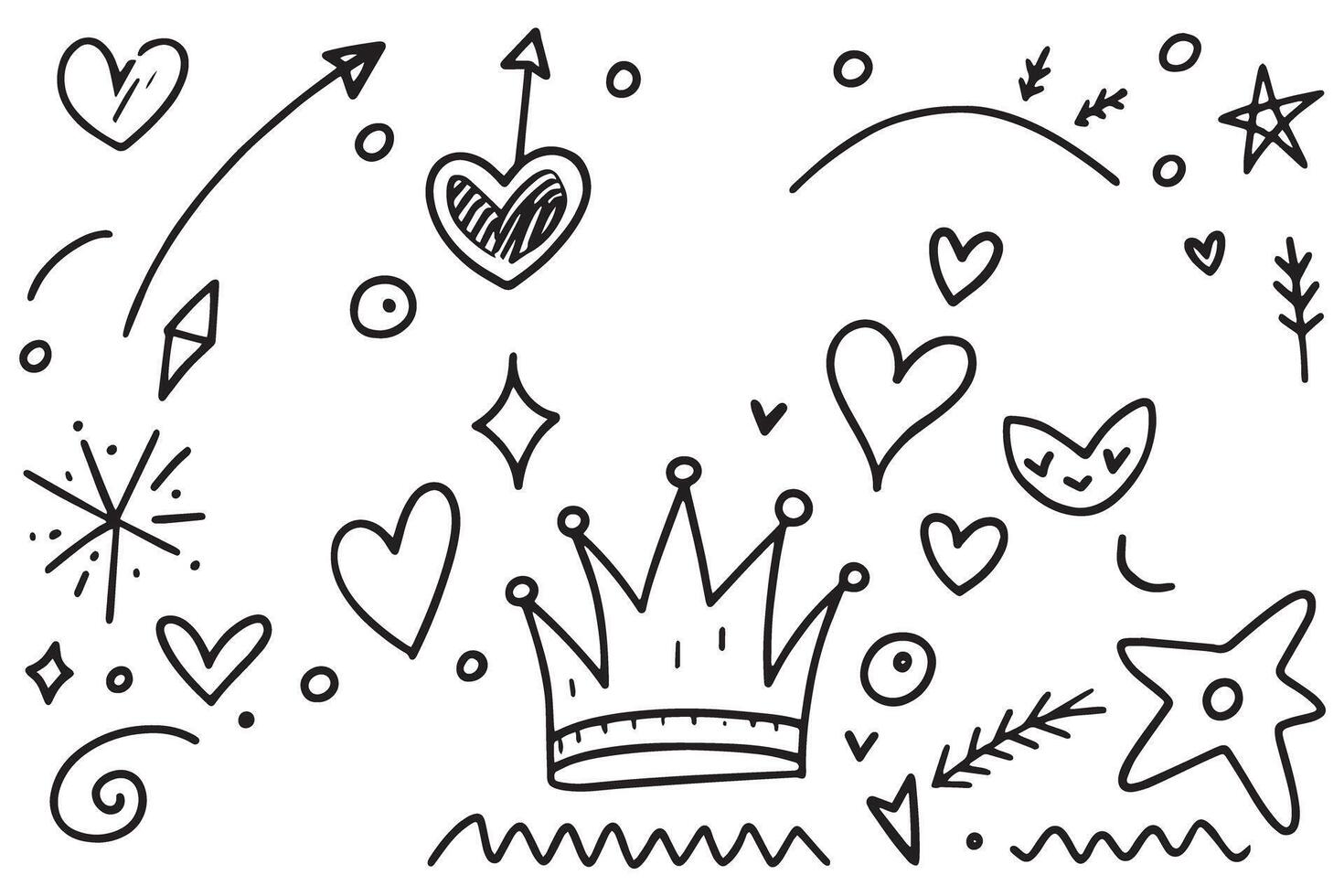 Whimsical Marker Doodles with Hearts, Stars, Crowns, and Arrows in a Playful and Vibrant Style for Creative Projects vector