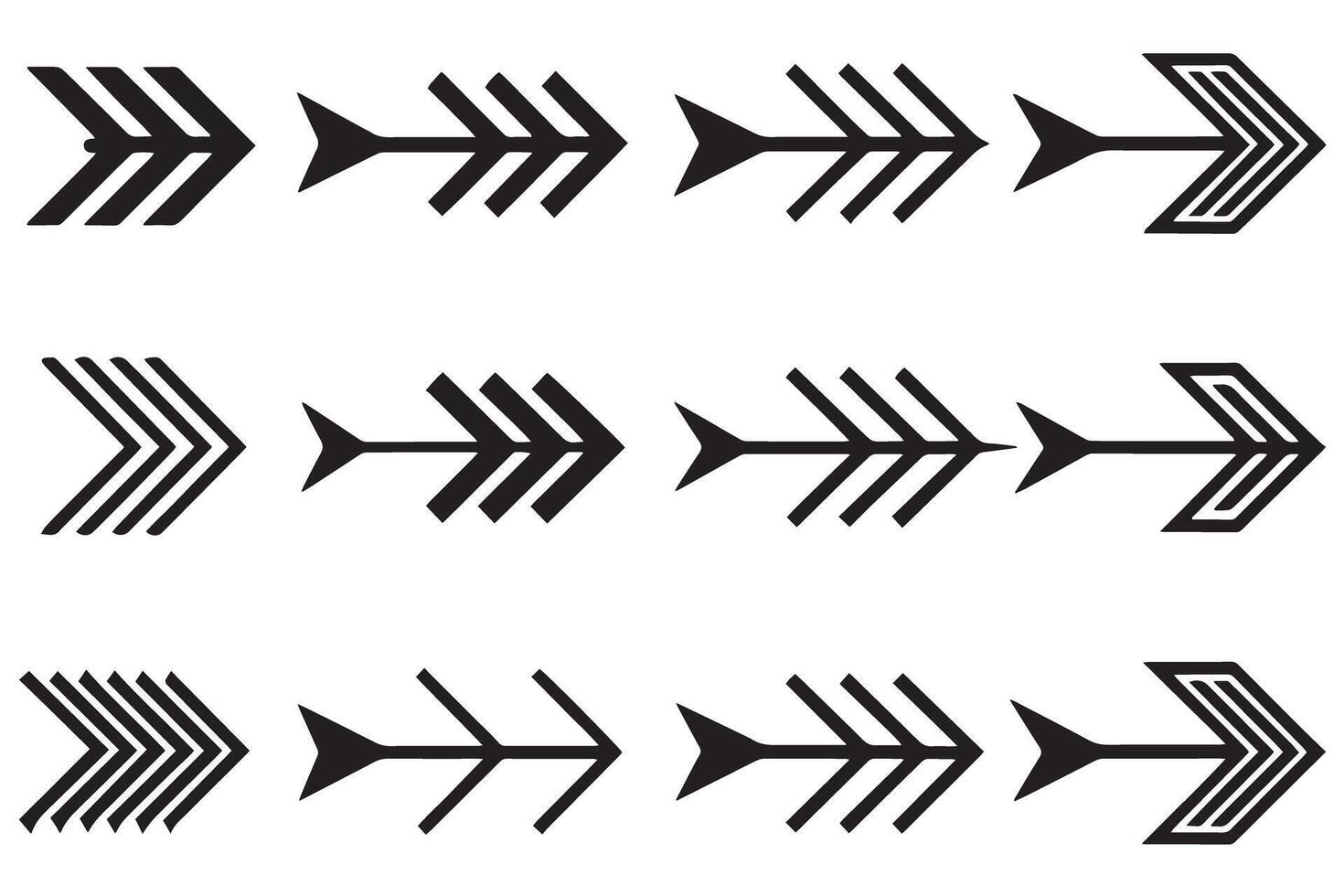 Collection of black arrows featuring geometric shapes and abstract designs, ideal for digital and print media vector