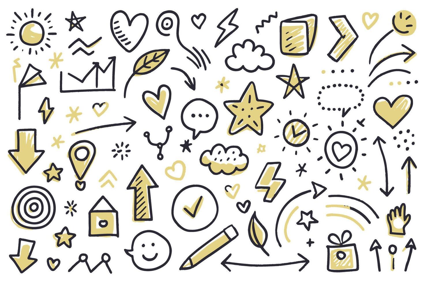 Colorful hand drawn doodle elements set with hearts, arrows, clouds, stars, and creative design icons on a white background vector