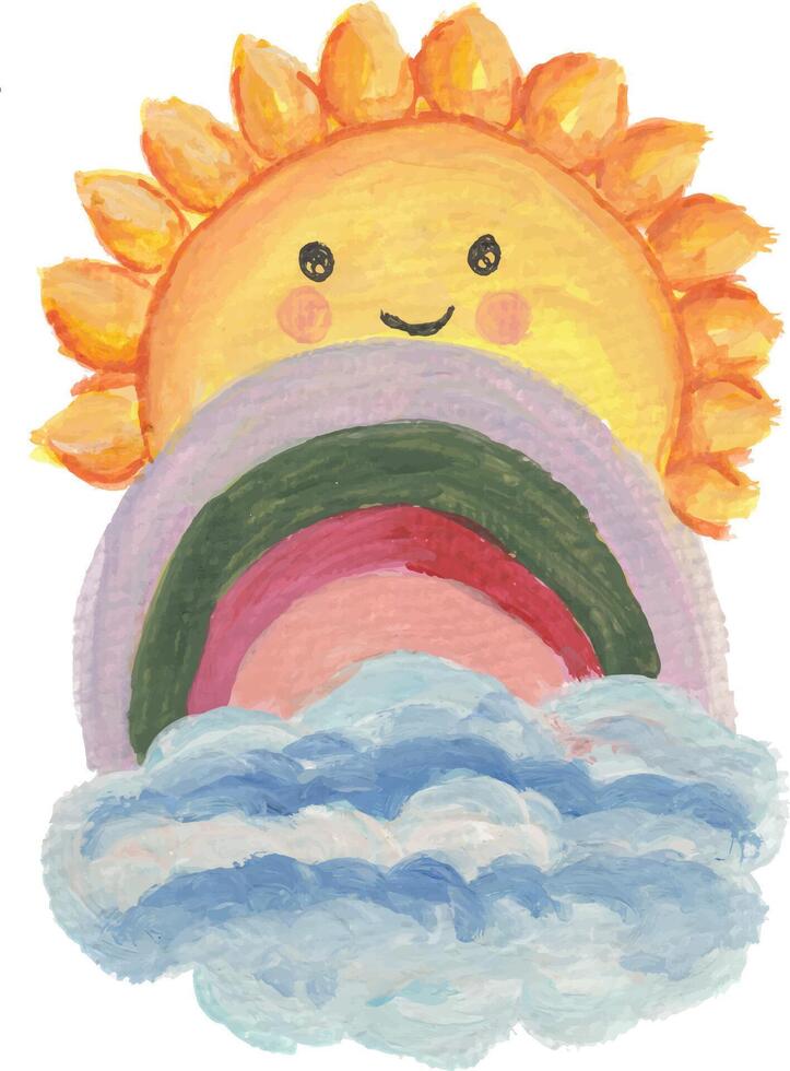 a drawing of a sun and rainbow with clouds watercolor illustration vector