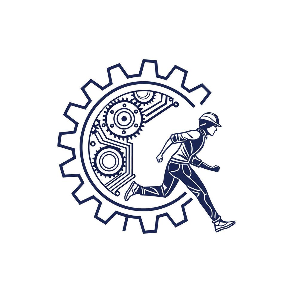 A man running in front of a gear wheel vector