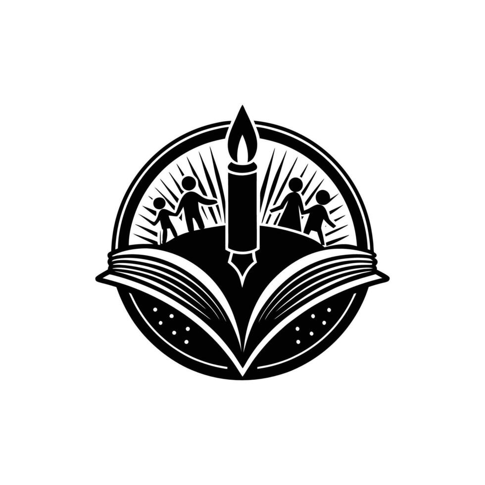 A black and white logo for a book with people on it vector