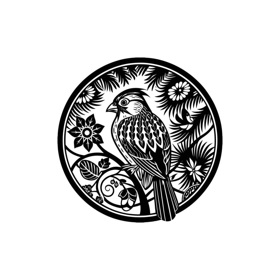 A black and white bird sitting on a branch in a circle vector