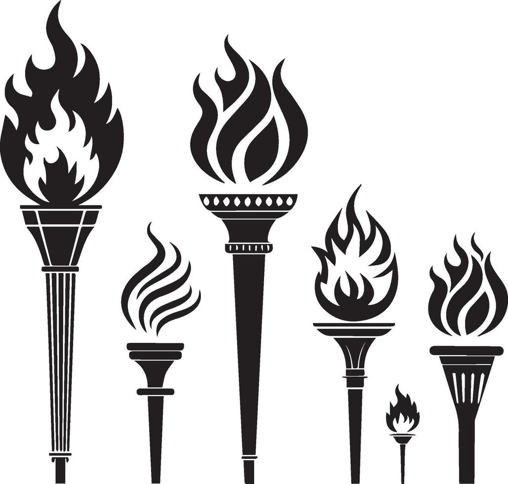 A set of black silhouette icons of different types of fire flames vector