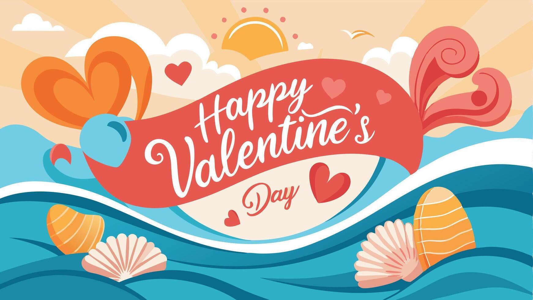 A Seaside Valentines Day Banner with Happy Valentine Day Message and Romantic Ocean Theme vector