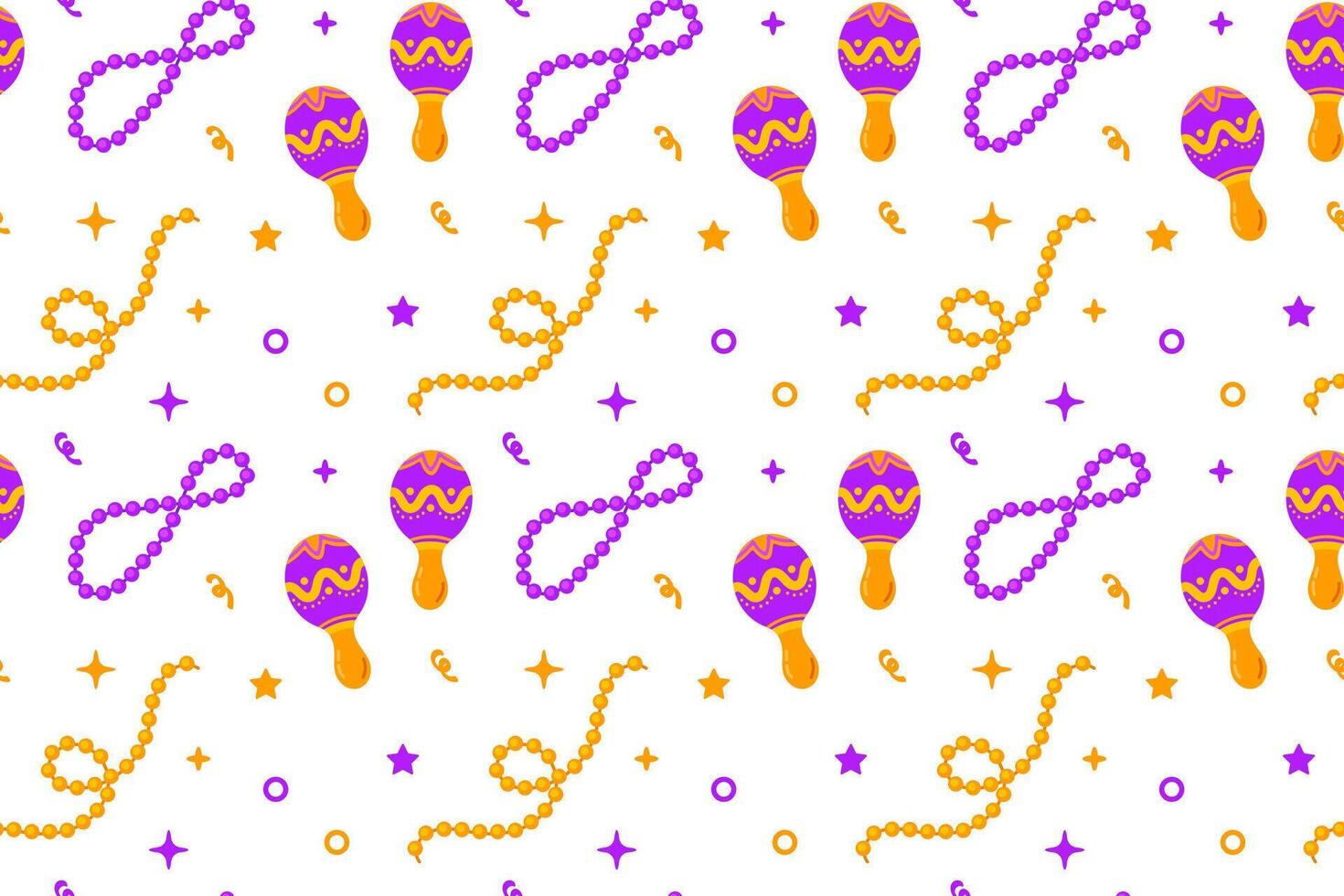 A colorful seamless pattern featuring beads, maracas, and festive elements in purple and gold vector