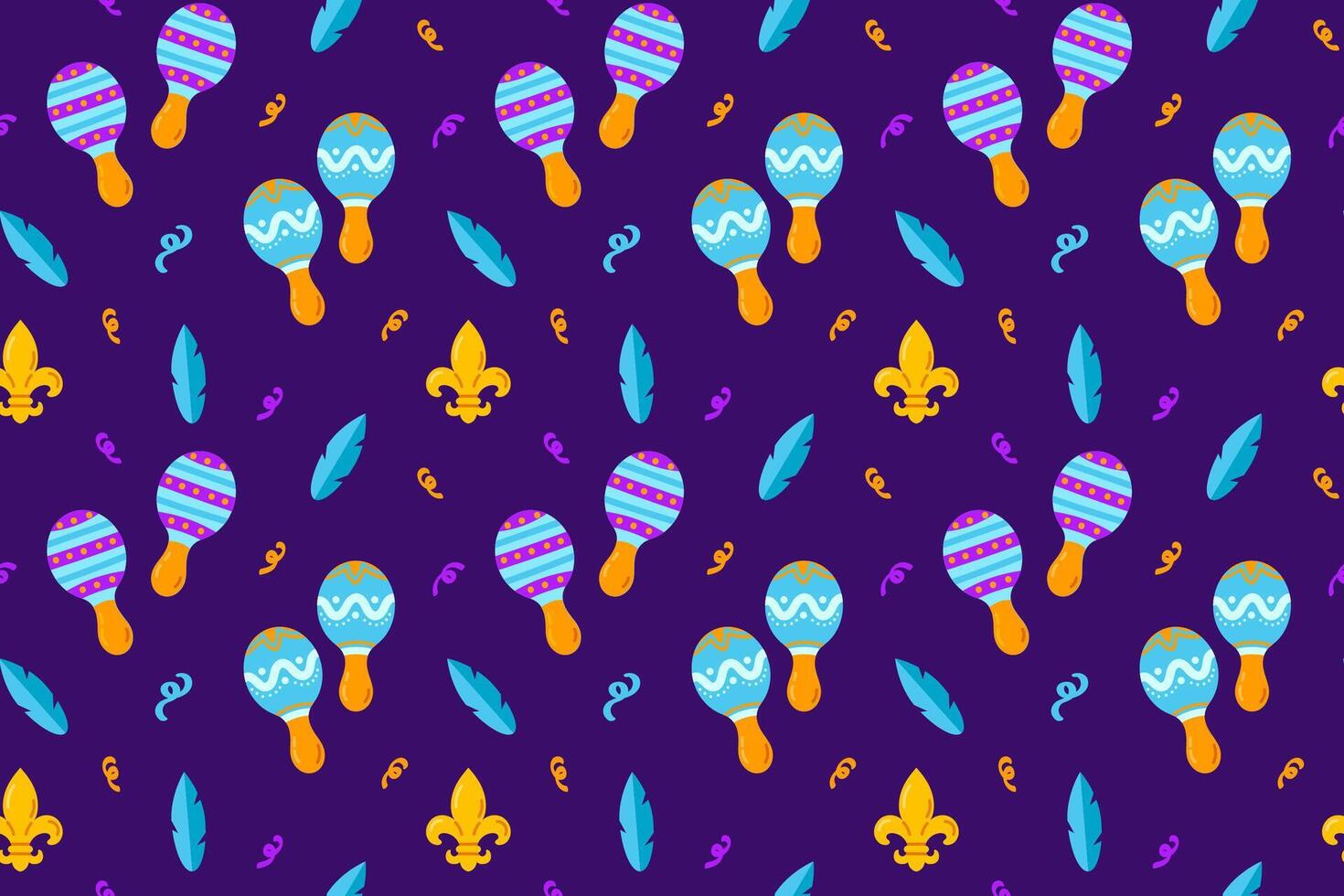 Mardi Gras Seamless Pattern with Maracas and Feathers. Colorful pattern with maracas, feathers, and fleur-de-lis on a purple background for Mardi Gras vector