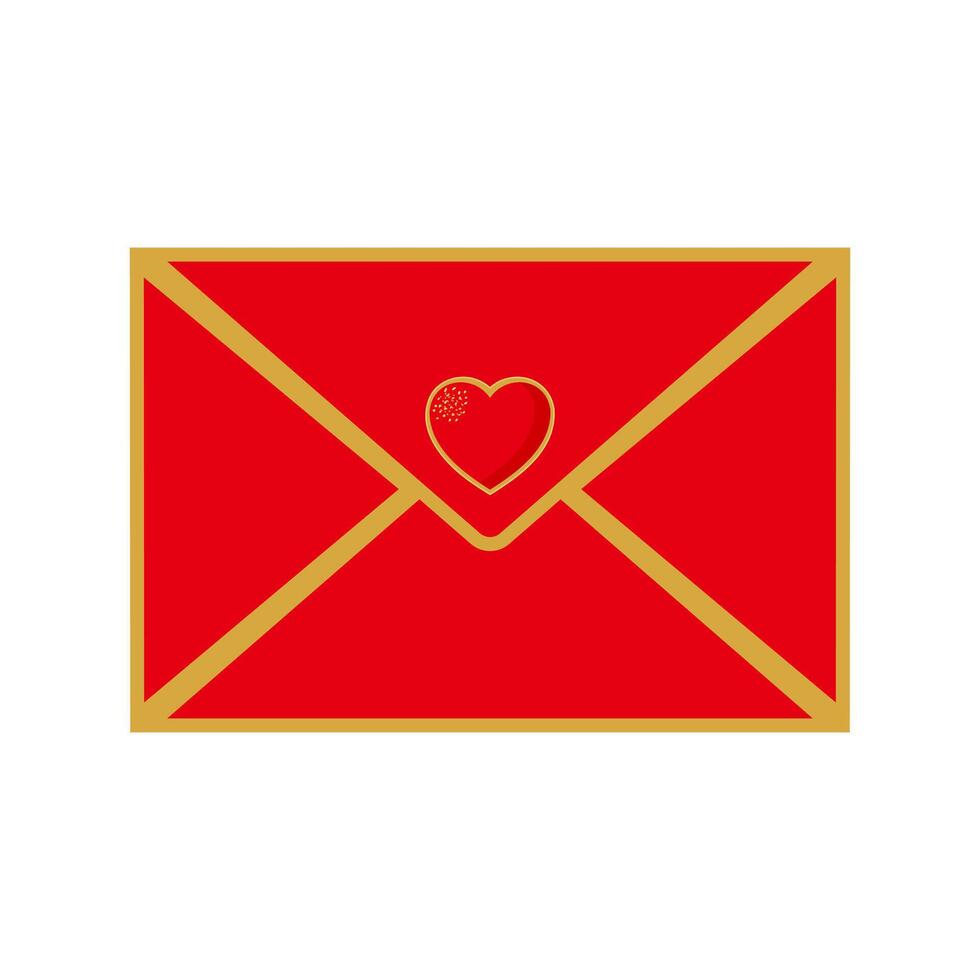 Red envelope with gold outline and heart isolated on white background. vector
