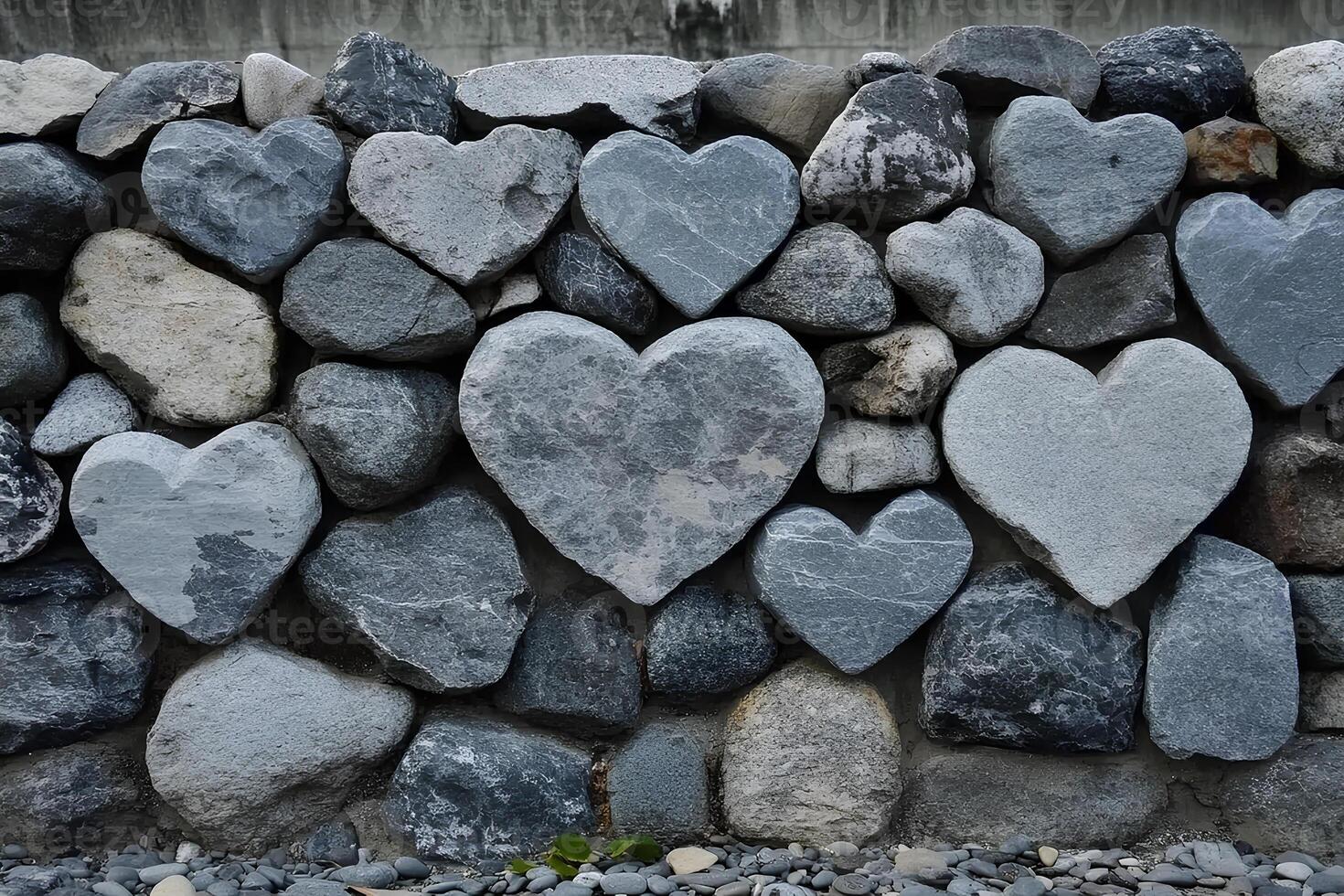 A decorative wall made of various shaped stones, including several heart-shaped stones, adds charm to an outdoor space. This unique arrangement creates a serene atmosphere ideal for relaxation. photo