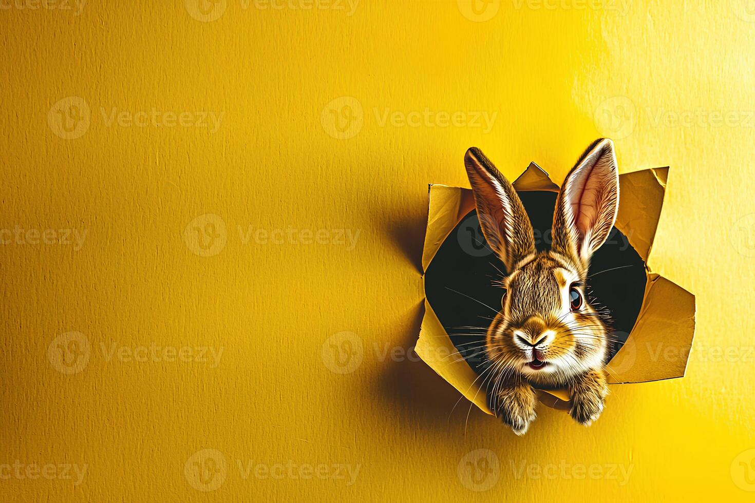 A curious rabbit is peeking through a circular hole in a bright yellow background, creating a whimsical and playful atmosphere perfect for spring or festive events. photo