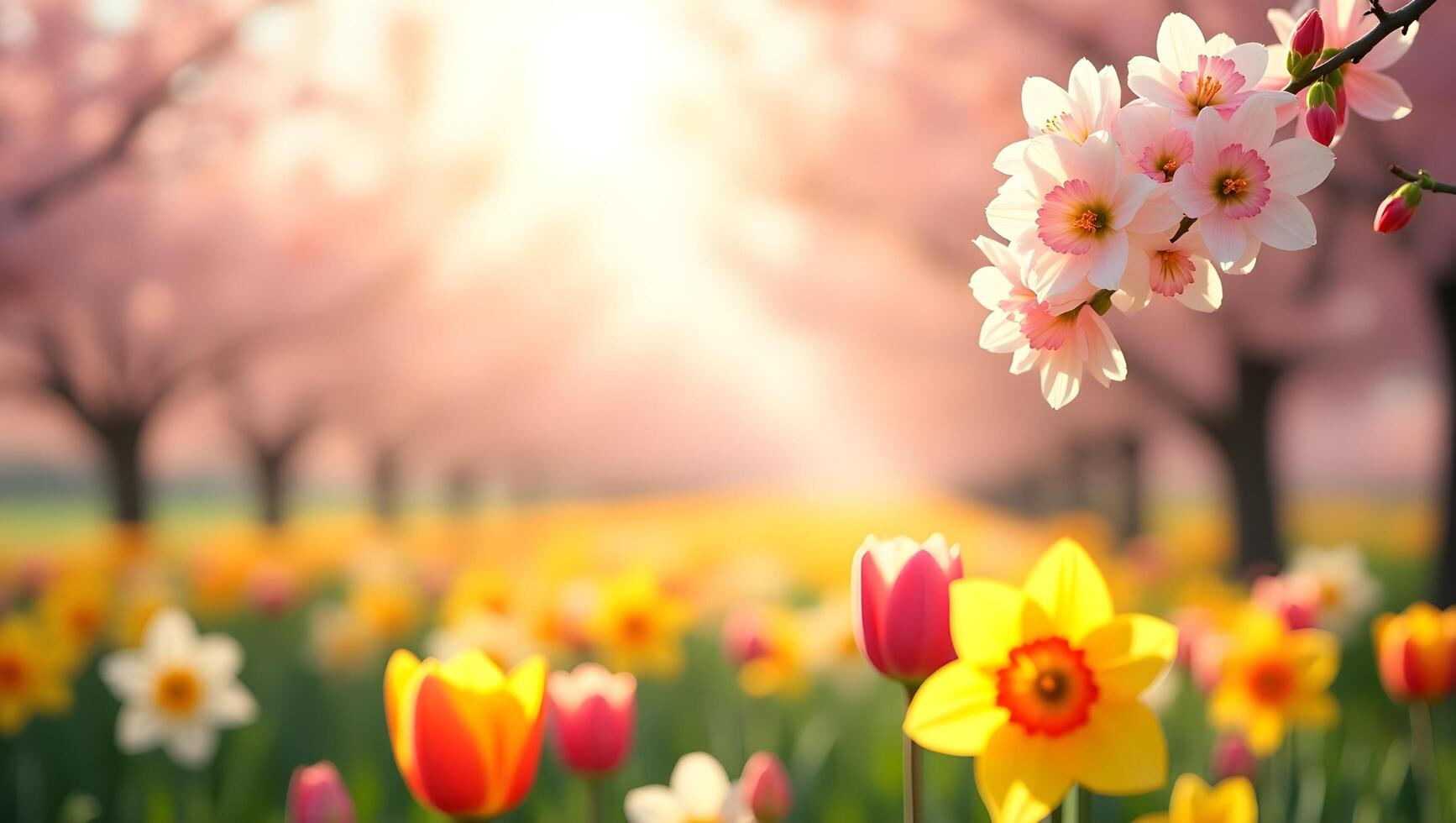 Spring flowers in the field with sun shining through photo