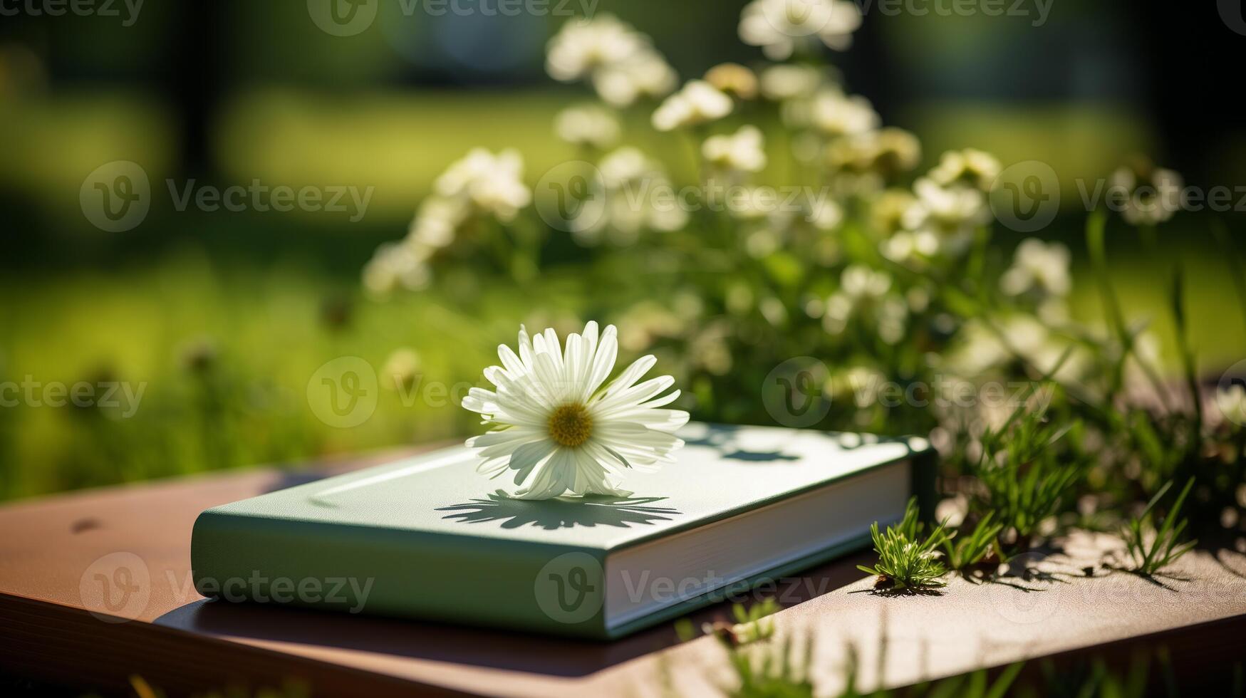 A book and a daisy in nature. photo