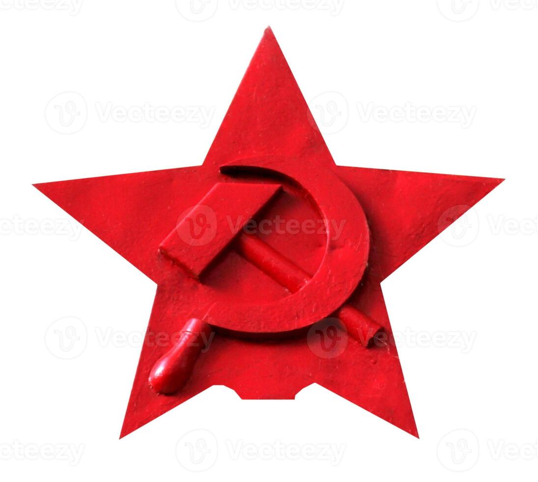 Red star with hammer and sickle, isolated on white. photo