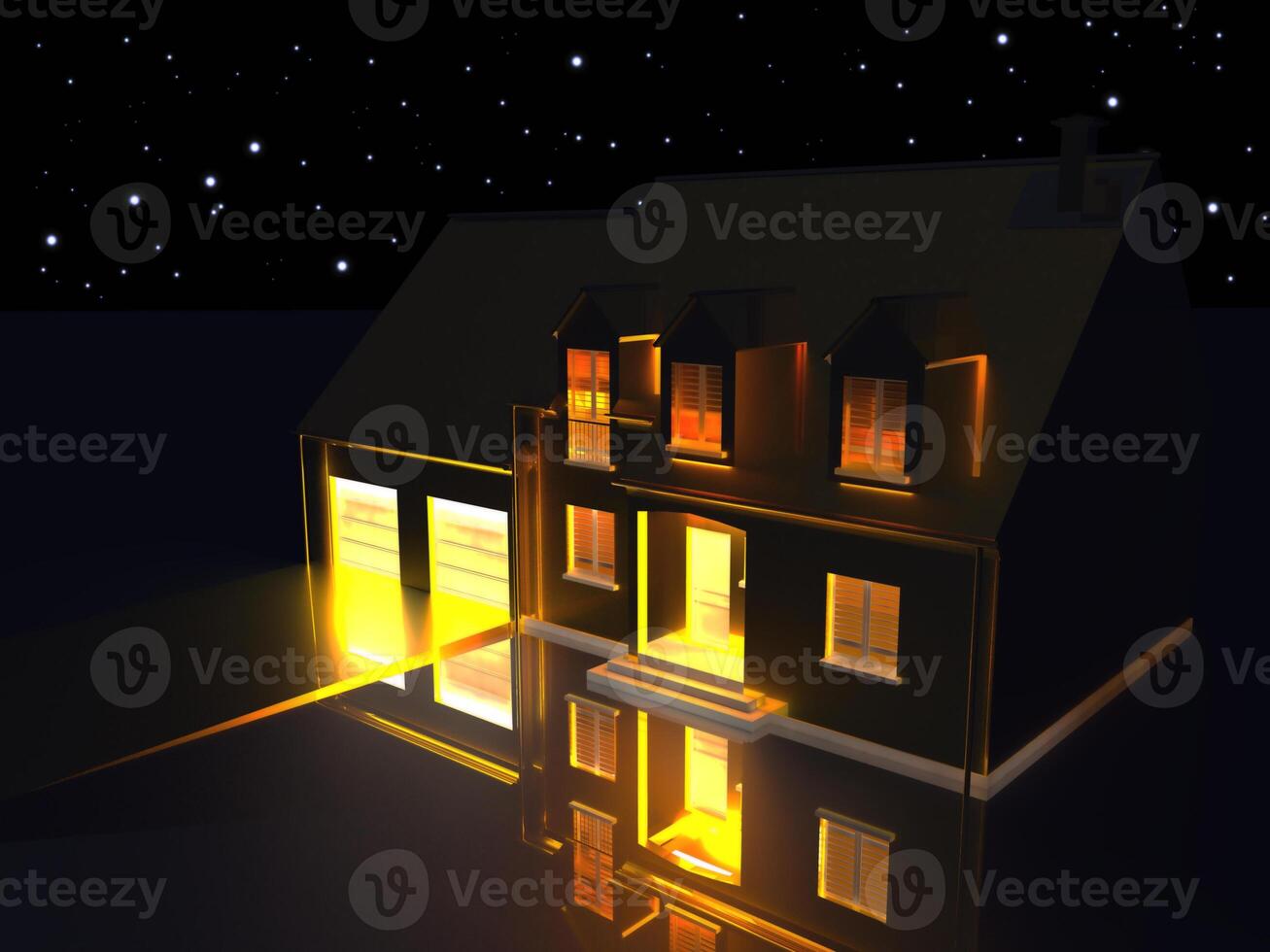 3D rendering of a golden house on reflecting silver ground at night. photo