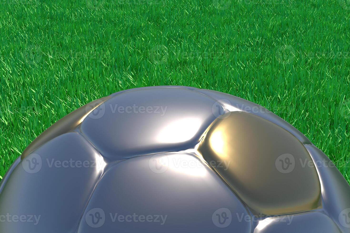 Realistic 3d rendering of a gold and silver football on green grass. photo