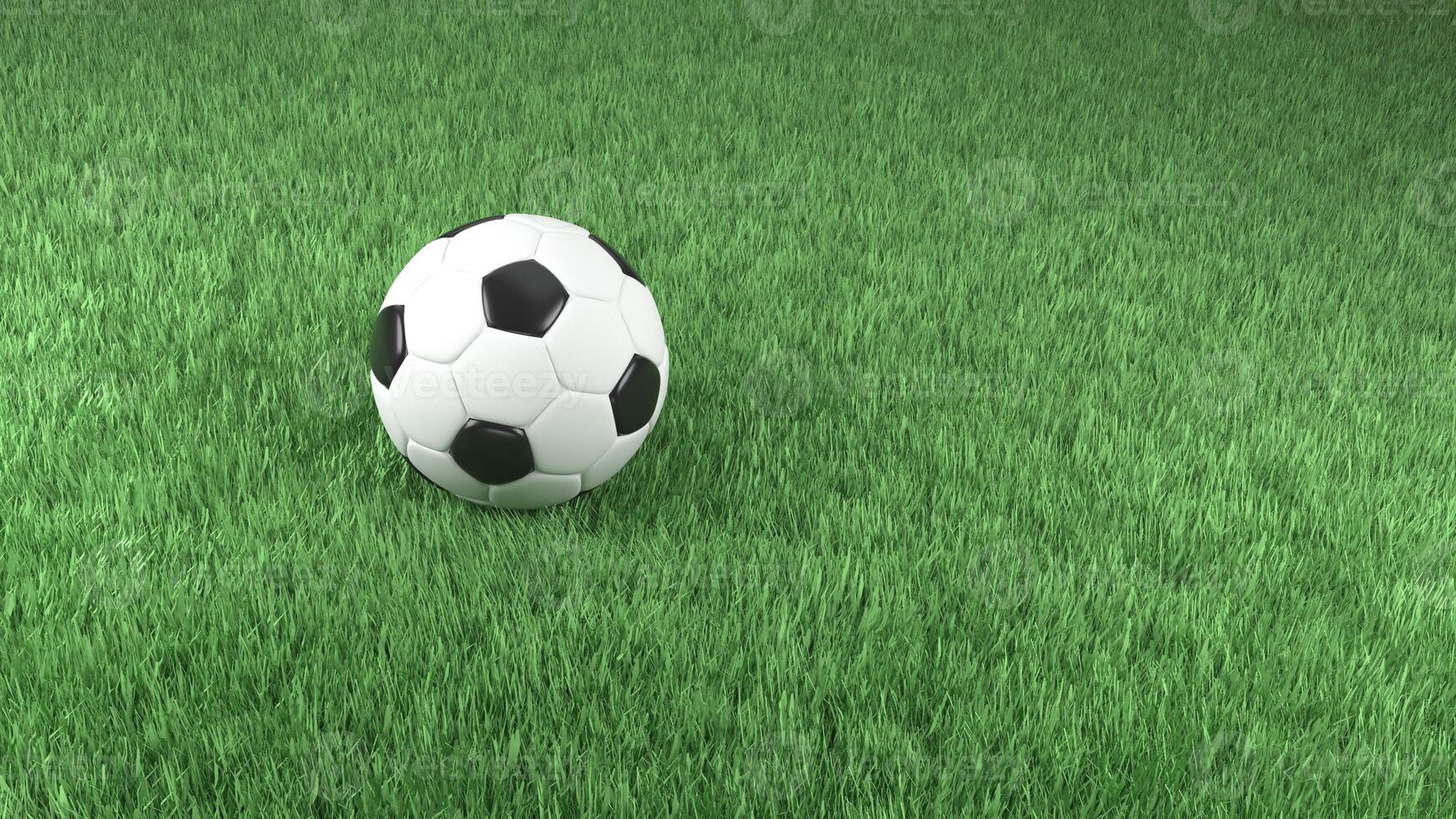 Realistic 3d rendering of a football on green grass. photo