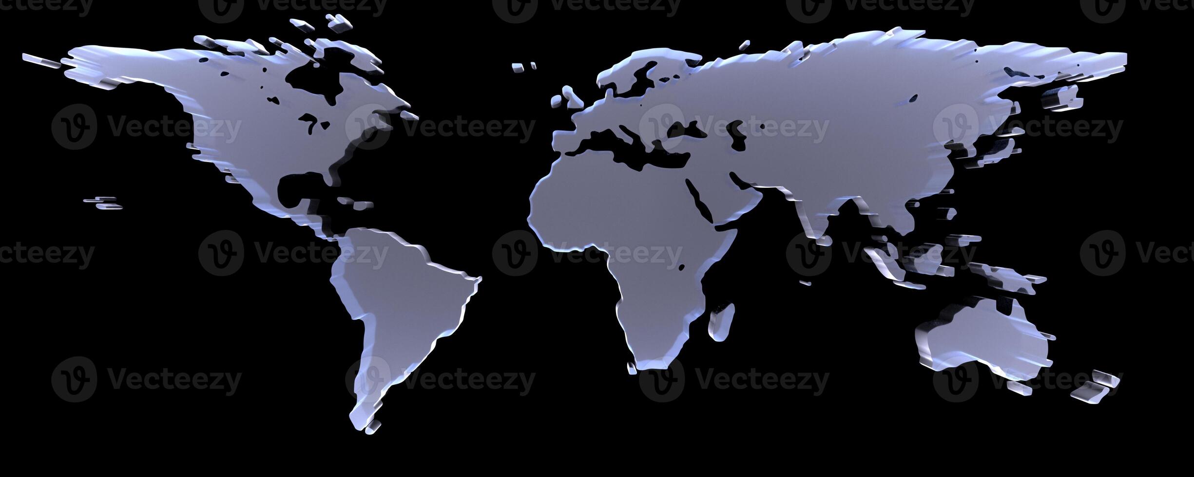 3D-Rendering of world map on black background. The material is rough glass. photo
