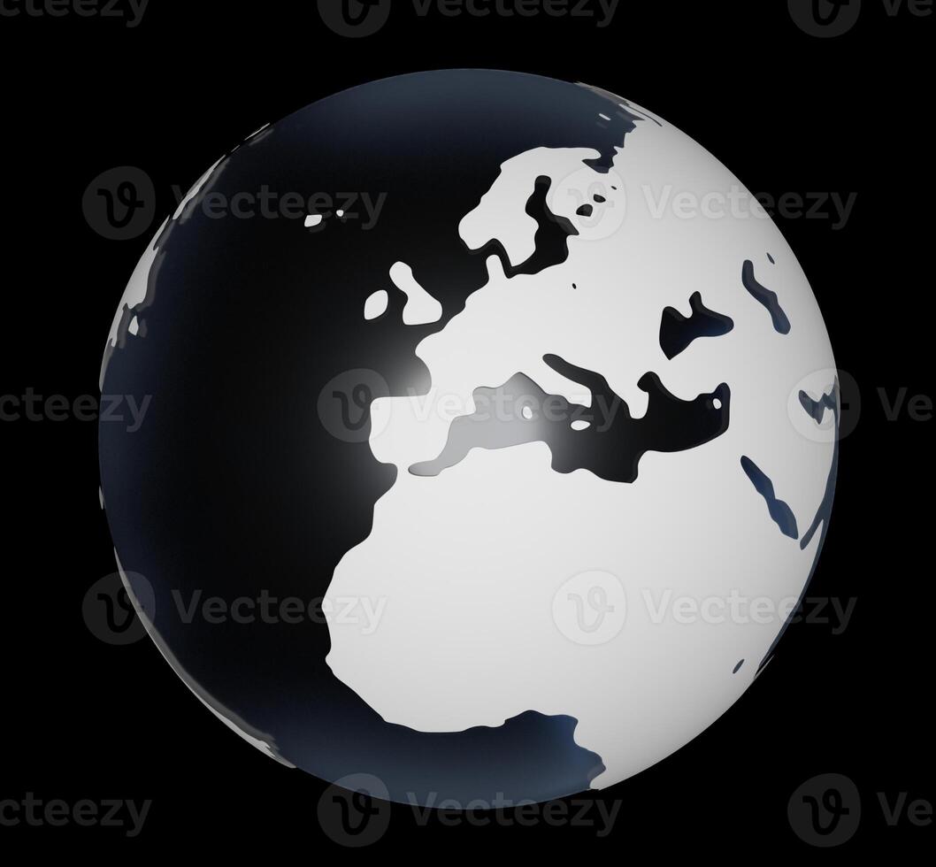 3D-Rendering of globe on black background. The material is rough glass with matte white land and europe is in the center. photo