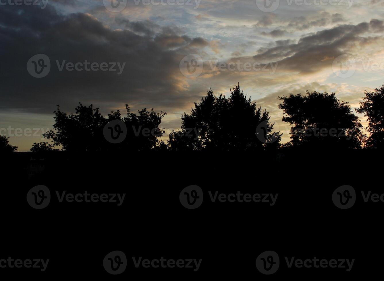 Different impressive and colorful clouds in the morning with tree silhouettes. photo